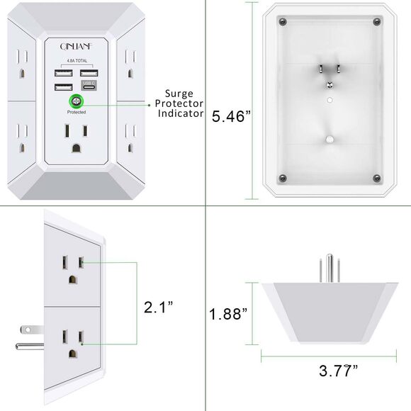 QINLIANF 5 Outlet Extender Surge Protector USB C Wall Charger 1680J 4.8A Adapter - Picture 4 of 8